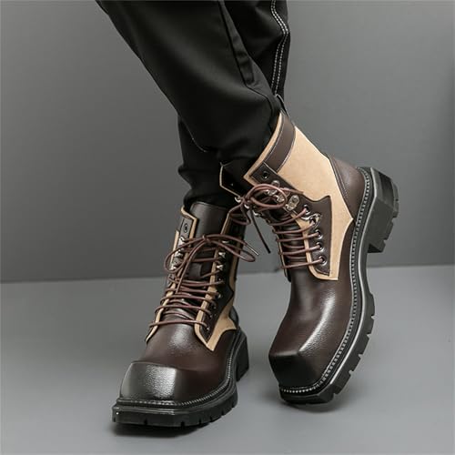 Image of Men's Retro Motorcycle Combat Boots - Square Toe Platform High Top Lace Up Ankle Boots, Chunky Heel Casual Dress Shoes Non-Slip