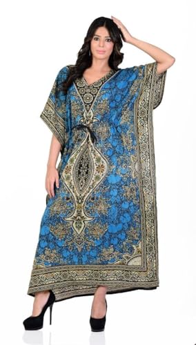 Art Of Creation Women Kaftan Dress Tunic Long Maxi Plus Size Night Gown Beach Cover Up Top Color-Teal Blue Tunic Kimono