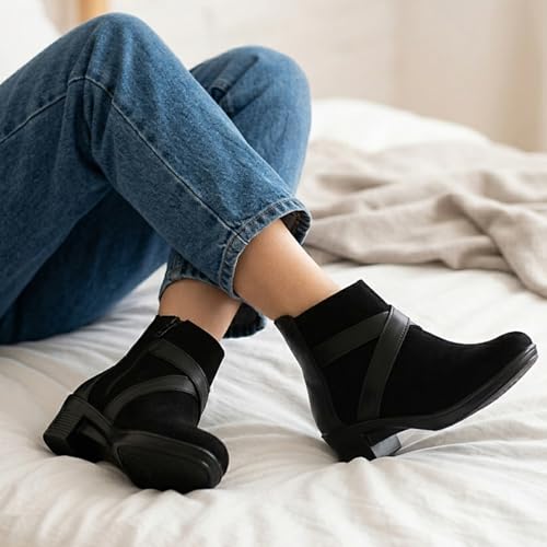 Image of KRAFTER Women's Ankle Boots Stylish Faux Suede & Leather Block Low Heel with Cross Straps and Side Zipper Design Comfortable Fashion for Casual & daily Wear