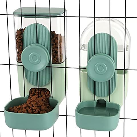 HOSUKKO 2PCS Plastic Small Pet Feeder and Water Dispenser Set for Guinea Pig, Rabbit, Cat, Small Animal, Automatic Gravity Supply, Safe Material, Easy to Clean Cover