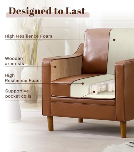 Image of Kingfun Accent Chair Set of 2, Living Room Chairs, Faux Leather Reading Armchair, Mid Century with Solid Wood Foot, Upholstered Modern Decor for Bedroom, Apartment