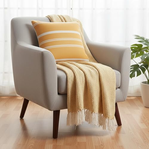 Image of SAJAVAT HOME Soft Cotton 3 Seater Sofa Throw with Cushion Covers | 80x52 Inches / 204x132 Cm | Yellow Throw & Yellow Cushion 18''x18'' for Sofa, Bed, Chair & Travel | Pack of 1