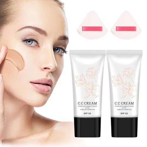 Korean Cc Cream Self Adjusting for Mature Skin, Cc Cream Tinted Moisturizer with Spf 50 Full Coverage, Organic Cc Cream Sunscreen Foundation and Concealer for Face and Body Color Correcting (2PCS)