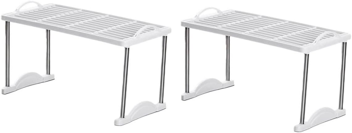 2Pcs Stackable Multifunctional Storage Rack Versatile Kitchen and Bathroom Organizer Shelf for Clutter Countertops and Rooms White