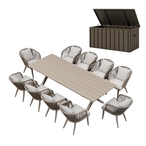 Image of PURPLE LEAF 11 Pieces Patio Dining Set with Storage Box Wicker Outdoor Furniture Rectangular Table and Chairs Set for Garden Deck Backyard Kitchen, Cushions and Pillows Included Champagne