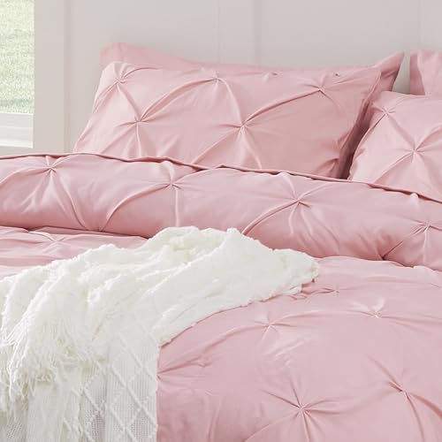 Image of Bedsure Queen Comforter Set Baby Pink - Bed in a Bag Queen Size Bedding 7 Pieces, GentleSoft Pintuck Bed Set Gift for Family, All Season Down Alternative Comforter with Sheets, Pillowcases & Shams