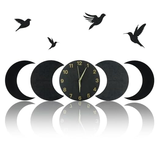 5 Pcs Moon Phases Clock Wall Decor Boho 10 Inch Silent Battery Operated Non Ticking Wood Wall Hanging Decorative Moon Clock Bohemian Wall Art for Home Living Room Bedroom Decor (Black)