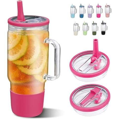 SIEROZUR 40 oz Glass Tumbler with Straw Lid Reusable Glass Tumbler with Handle BPA Free Wide Mouth Glass Cup with Silicone Sleeve, Fits In Cup Holder, Dishwasher Safe Cover