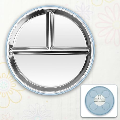 Image of NYALA Stainless Steel Baby Toddler Plates Silicone Suction, Non-Slip Baby Plates BPA Free,Unbreakable Dishwasher Safe (Blue)