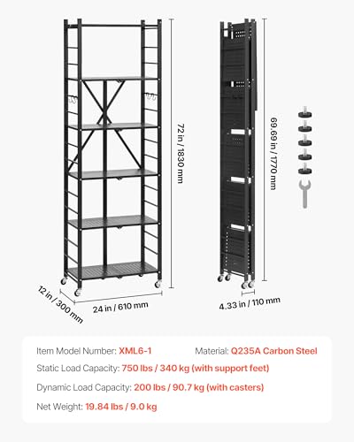 Image of VEVOR 6-Tier Foldable Storage Shelf, 24W x 12D x 72H Inch Folding Metal Rack Shelving Unit, No Assembly Organizer Shelf with 5 Wheels & 4 Hooks for Pantry, Kitchen, Garage, Basement, Black
