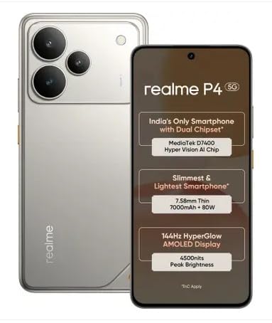 Image of realme P4 5G (Steel Grey, 6GB RAM, 128GB Storage) | 6.77 inch 144Hz AMOLED Display | Dimensity 7400 Ultra | 50MP OIS Camera | 7000mAh Battery, 80W Fast Charging | Android 15 5G Smartphone