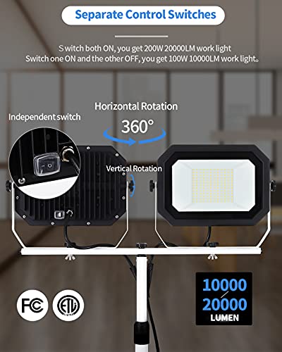 UFOND 20000 Lumen Work Lights with Stand, 200W Dual Head LED Work Light, Waterproof Lamp with Individual Switch, Adjustable Metal Telescoping Tripod 10Ft Power Cord