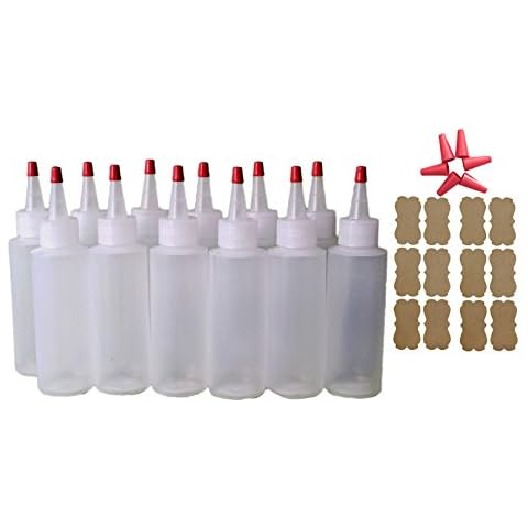 SanDaveVA Brand 4oz Plastic Squeeze Bottles Yorker Caps 12/pk Food Grade Highly Squeezable for Cake Decorating, Condiments, Paint, Crafts, Dye or Glue Long Replacement Caps Included Cover