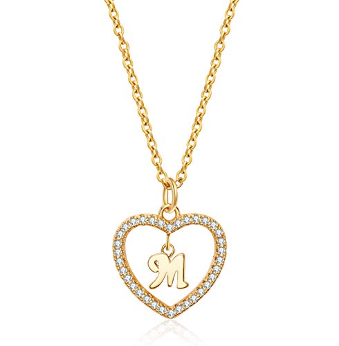 Initial Heart Necklace for Women 14K Real Gold Plated CZ Heart Letter M Name Alphabet Pendant Necklace Valentine's Day Gift