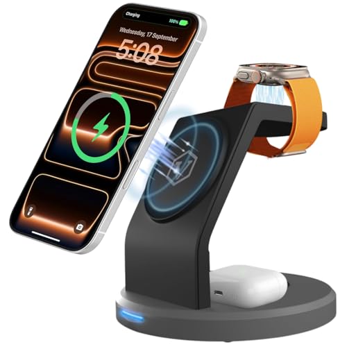 Virtutron 23W Wireless Charger 3-in-1 Charging Station | Magnetic MagSafe Compatible for iPhone 17/16 / 15/14 / 13/12 Plus, Pro, Pro Max Series, Airpods 3rd/2nd gen & iWatch Ultra ...