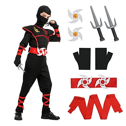Aomig Disfraz Ninja Niño, 13pcs Juego de Disfraz Niños con Ninja Mono y Accesorios Ninja, Disfraz Mono Ninja para Cosplay Anime, Disfraz Halloween Niño para Fiesta, Carnaval, Navidad, Rojo Negro (S)