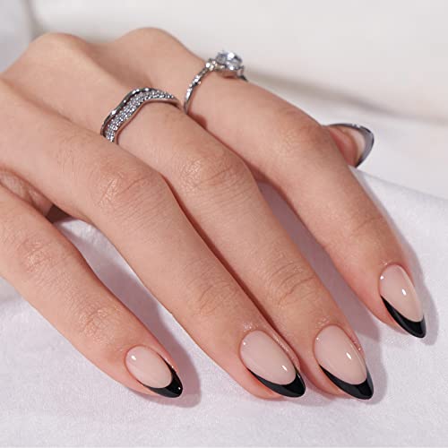 BTArtbox Stick On Nails French Tip - Short False Nails with Glue, 30 Pcs Almond Soft Gel Press on Nails, Reusable Semi Transparent Fake Nail for Women in 15 Sizes, Black French