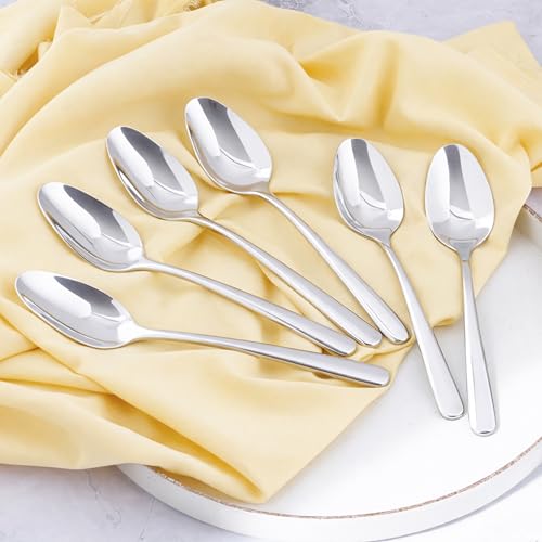 Image of Culinex 18 /8 Premium Stainless Steel 7.5 inch All Purpose Spoon Set of 6 for Dining Table, Kitchen | Heavy, Rustproof, Designer Silver Flatware By thinKitchen (Dora Series)