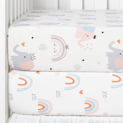 Image of TILLYOU 2 Pack Fitted Crib Sheet Set - 100% Natural Cotton Toddler Bed Mattress Sheets,Standard 28”x 52”, Elephant & Rainbow