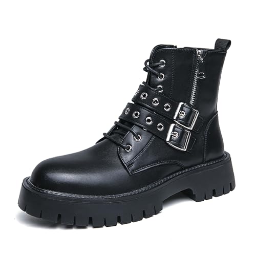 Men's Leather Platform Chukka Boots with Side Zipper Fashion Buckle Straps Non-slip Lug Sole Block Heel Lace Up Combat Booties Punk Biker Motorcycle Short Boots