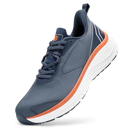 FitVille Mens Wide Walking Shoes Lightweight Wide Width Athletic Sneakers with Explosive Energy Return & Arch Support for Heel Pain Relief Featherlight Sports Shoes for Flat Feet Dark Blue/Orange