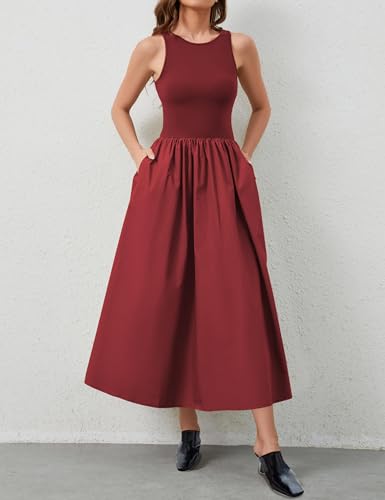 Image of MISSACTIVER Crewneck Sleeveless Maxi Dress for Women Summer Flowy Patchwork Tank Top Long Dresses with Pockets Red, X-Large