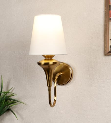 Image of ELIANTE Elegant Modern Gold Iron Wall Light with Fabric Cone Shade for Living Room and Bedroom, E27 Holder, Without Bulb