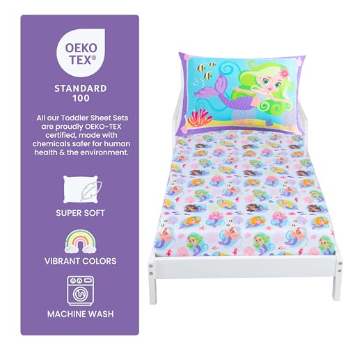 Image of Todays Kids Mermaids 2-Piece Toddler Bedding Set - Breathable 100% Soft Brushed Microfiber Polyester, Standard Size Mermaid Bedding, Gentle on Delicate Skin, Fitted Toddler Bed Sheet Set & Pillowcase