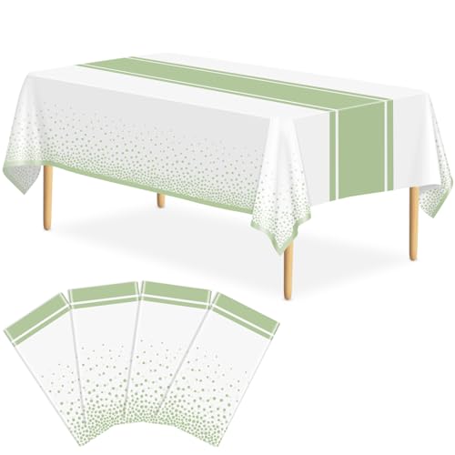 Image of 4 Pack White and Sage Green Tablecloth Party Decorations Plastic White Tablecloth Printed Sage Green Table Runner 54 x108 Inch Disposable Rectangle Table Cover for Birthday Wedding Graduation