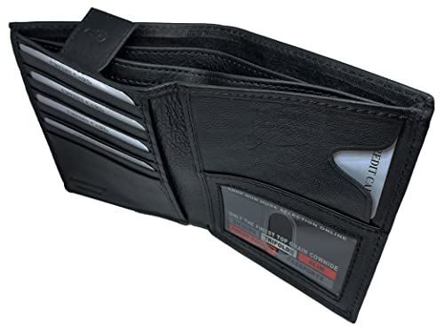 Men's, Genuine Leather, BiFold Wallet With 1 ID Window, 9 Credit Card Slots, 2 Extra Large Hidden Pockets For Extra Storage & Currency Compartment Divided Into 3 Compartments (Black)3