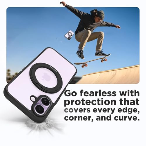 Image of RIGGEAR Shockproof Sleek Hybrid Armor 360 Rotating Magnetic Ring Stand Back Cover Case Compatible with MagSafe Accessories for iPhone 17 (Transparent PC and Black TPU Bumper)