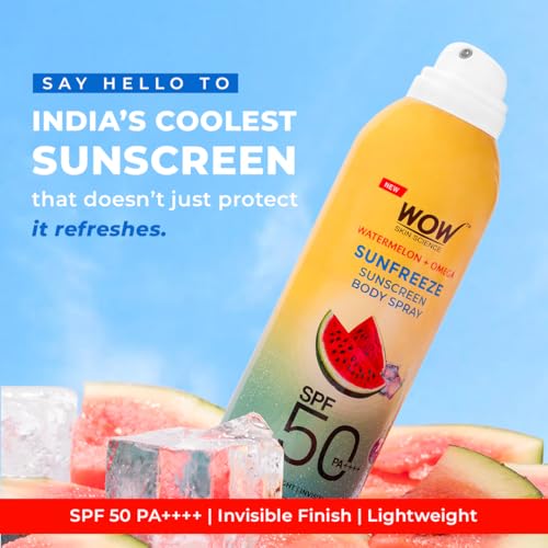 Image of WOW Skin Science Watermelon + Omega Arctic Sunfreeze Sunscreen Spray | SPF 50 PA++++ | -7C Cooling Effect | UV Rays + Pollution Defense | Lightweight, Non-Greasy & Invisible Finish | 100ml