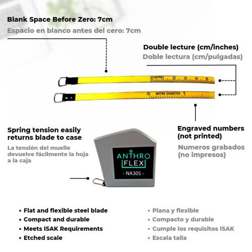 Anthroflex Anthropometric Tape Measure With Thin Flexible Steel Blade With Blank Space Before Zero For Diameter, Body Circumference, Trees Dbh, Pipes - 2M Range, Retractible, Measure In Metric Only #TOP5