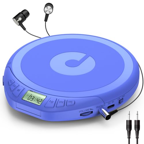 Gueray Reproductor de CD Portátil con Auriculares Pantalla LCD Protección Anti-Saltos HiFi Clásico Función de Memoria Prog Reproductor CD Personal para Coche Hogar (Azul)