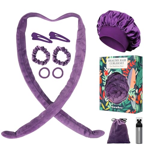 Gwabee Hair Curlers to Sleep In, No Heat Curling Headband, Soft Overnight Curls Headband with Satin Bonnet, Non Heat Hair Curler Rollers Wrap Set for Women Girl Long Hair, 10 PCS with Gift Box -Purple