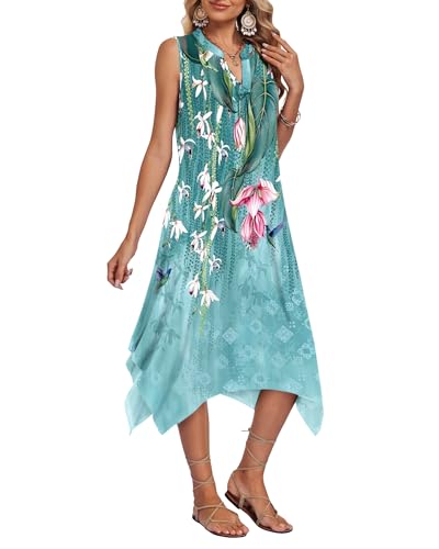 Image of AUSELILY Women Summer Midi Dress, Sleeveless Casual Asymmetrical & Pockets | V-neck midi sundress, asymmetrical flowy hem & side pockets, great for beach, vacation and daily wear
