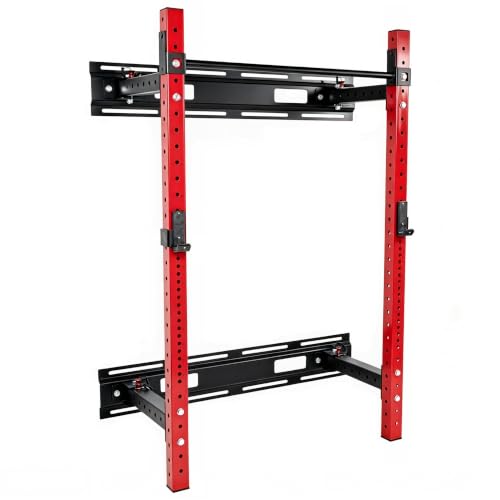 HULKFIT 3” x 3” Wall Mounted Fold-in Power Cage Squat Rack with Adjustable Pull Up Bar and J Hooks -Space-Saving Home Gym – Sports Training – Wall Mount Rack –Red