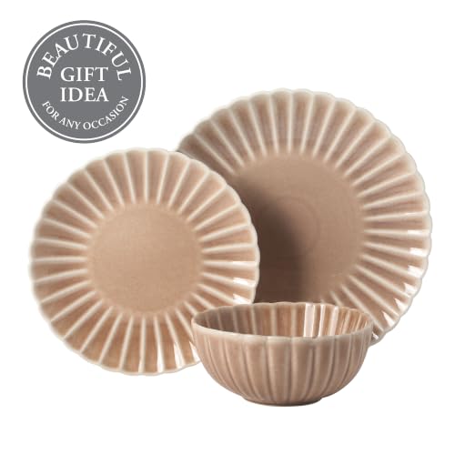 Gibson Elite Peach Orchard 12-Piece New Bone China Dinnerware Set Service for 4, Embossed Fluted Plates and Bowls, Dishwasher and Microwave Safe, Mauve Rose by Gibson Elite - Used condition - Image 4