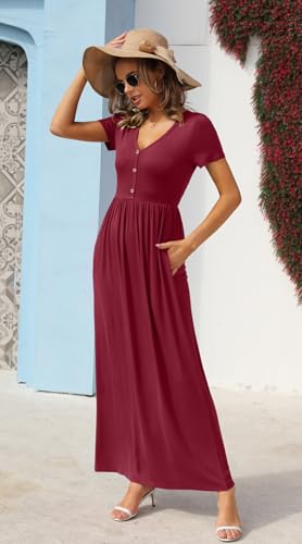 Image of GRECERELLE Womens Summer Long Maxi Dresses 2026 Short Sleeve V Neck Casual Button Dress with Pockets