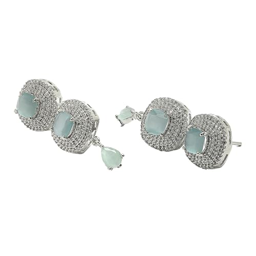 Image of ZENEME Rhodium Plated Silver Toned Triangular Shaped American Diamond Studded Jewellery Set For Women and Girl