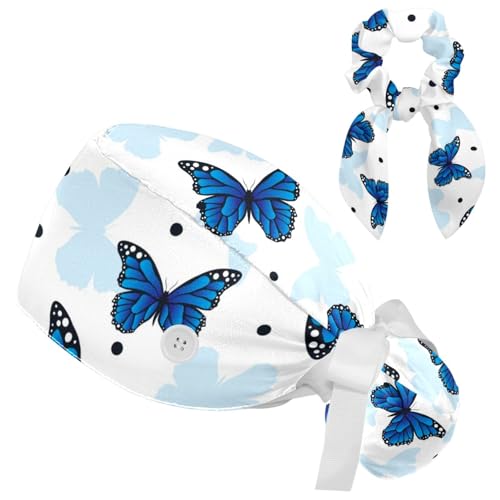 Image of Colored Butterflies Scrub Caps Women Ponytail, Adjustable Bouffant Surgical Caps with Button, Nurse Hats Long Hair