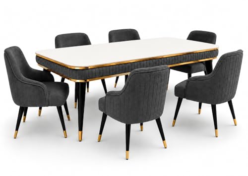 Image of WOODEN SPACE 6-Seater Wooden Dining Table Set | Nano Composite Marble Top | Solid Wood Base | Modern Dining Room Furniture with 6 Chairs (Dark Grey Modern Zyro)