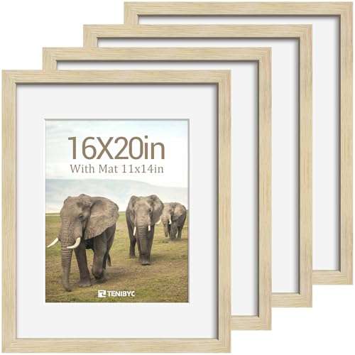 TENIBYC 16x20 Picture Frame 4 Pack, 11x14 Mat, Oak Wood, Glass for Photo