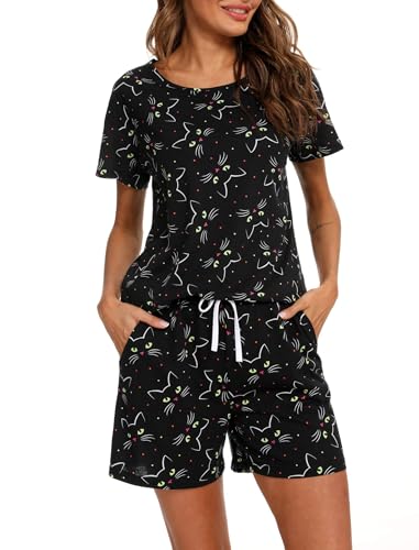 MIA LUCCE Pijama para mujer, ropa de dormir corta para mujer, pijama corto S-2XL, gato, M