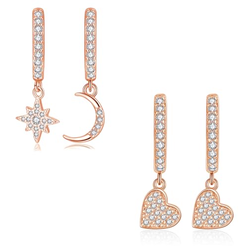 Zolkamery Hoops Earrings for women, 2 Pairs 925 Sterling Silver Huggie Hoop Earrings Set, Hypoallergenic White Zirconia Drop Dangle Earrings, Cartilage Rose Gold Hoop Earrings Hanging with Gift Box