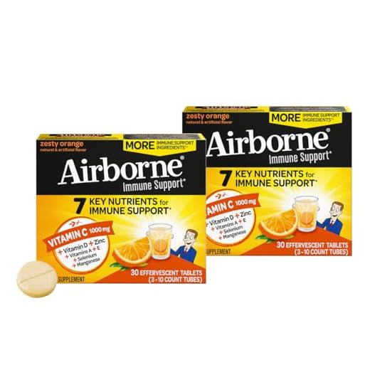 Airborne 1000mg Vitamin C with Zinc Effervescent Tablets, Immune Support Supplement with Powerful Antioxidants Vitamins A C & E - 30 Fizzy Drink Tablets, Zesty Orange Flavor (30 Count (Pack of 2))