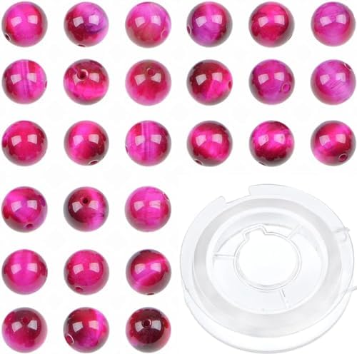 Bymitel 90pcs Crystal Beads Stone Gemstone Round Energy Healing Loose Beads with Stretch Cord for Jewelry Making Bracelets Anklets (Light Fuchsia Tiger's Eye, 10mm 90pcs)