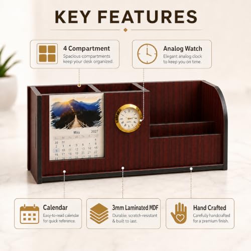 Image of Zesta Wooden Desk Organizer Pen Stand Remote Holder Card Slot | Table Accessory Office Desk Study Room | Pencil Storage Stand Stylish Workspace Decor (Rosewood, Executive)
