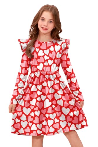 Valentine's Day Girls Ruffle Shoulder Long Sleeve Tunic Midi Dress 4-12 Years