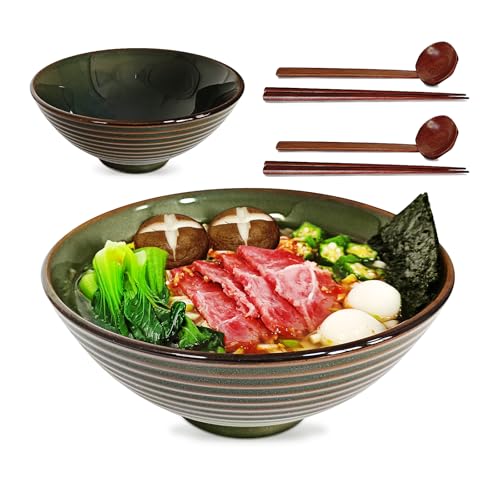 Large Japanese Ramen Bowl Set of 2, Material Safety Ceramic Ramen Bowls with Matching Chopsticks and Spoons, 8 Inch 40oz Pho Bowls Ramen Noodles Bowl for Asian Udon Soup Salad Cereal(Retro Cyan)